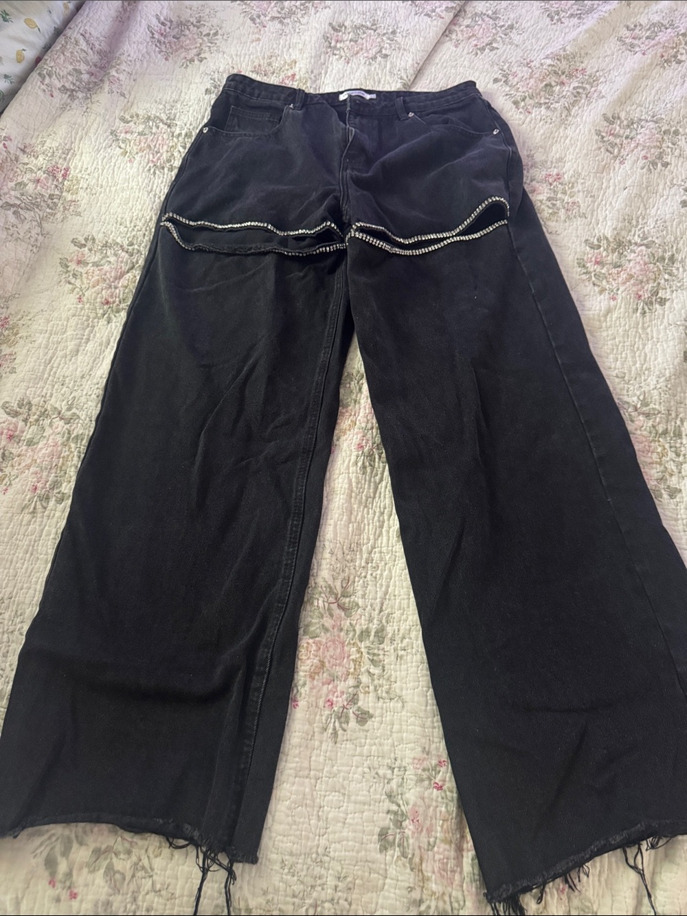 Beginning Boutique Black Wide-Leg Jeans with Rhinestone Trim